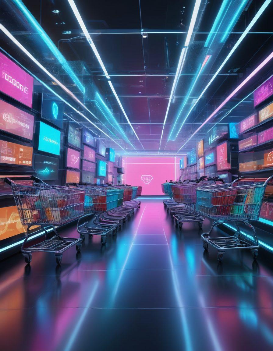 An abstract representation of a digital marketplace, with diverse online shoppers interacting through futuristic holographic screens. Include elements like shopping carts, products, and digital currency icons. Bright, vibrant colors with dynamic motion lines to symbolize growth and progress. A sleek, modern background to convey innovation. cyberpunk style. vibrant colors.
