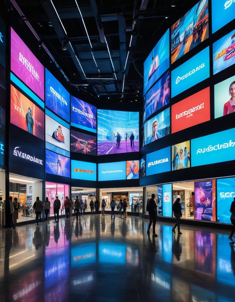A futuristic shopping mall filled with digital screens showcasing vibrant advertisements for e-commerce brands. Shoppers interacting with augmented reality displays while mobile devices show real-time discounts and promotions. The scene is bustling with a diverse group of people and colorful holograms representing successful retail trends. Bright lights and modern architecture enhance the contemporary feel. cyberpunk. vibrant colors. super-realistic.